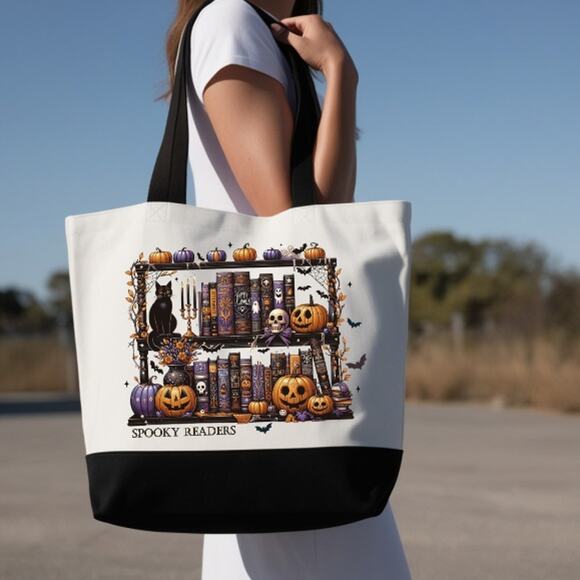 Spooky Readers Halloween Themed Book Lovers Reader Bibliophile Tote Bag - Picture 2 of 2